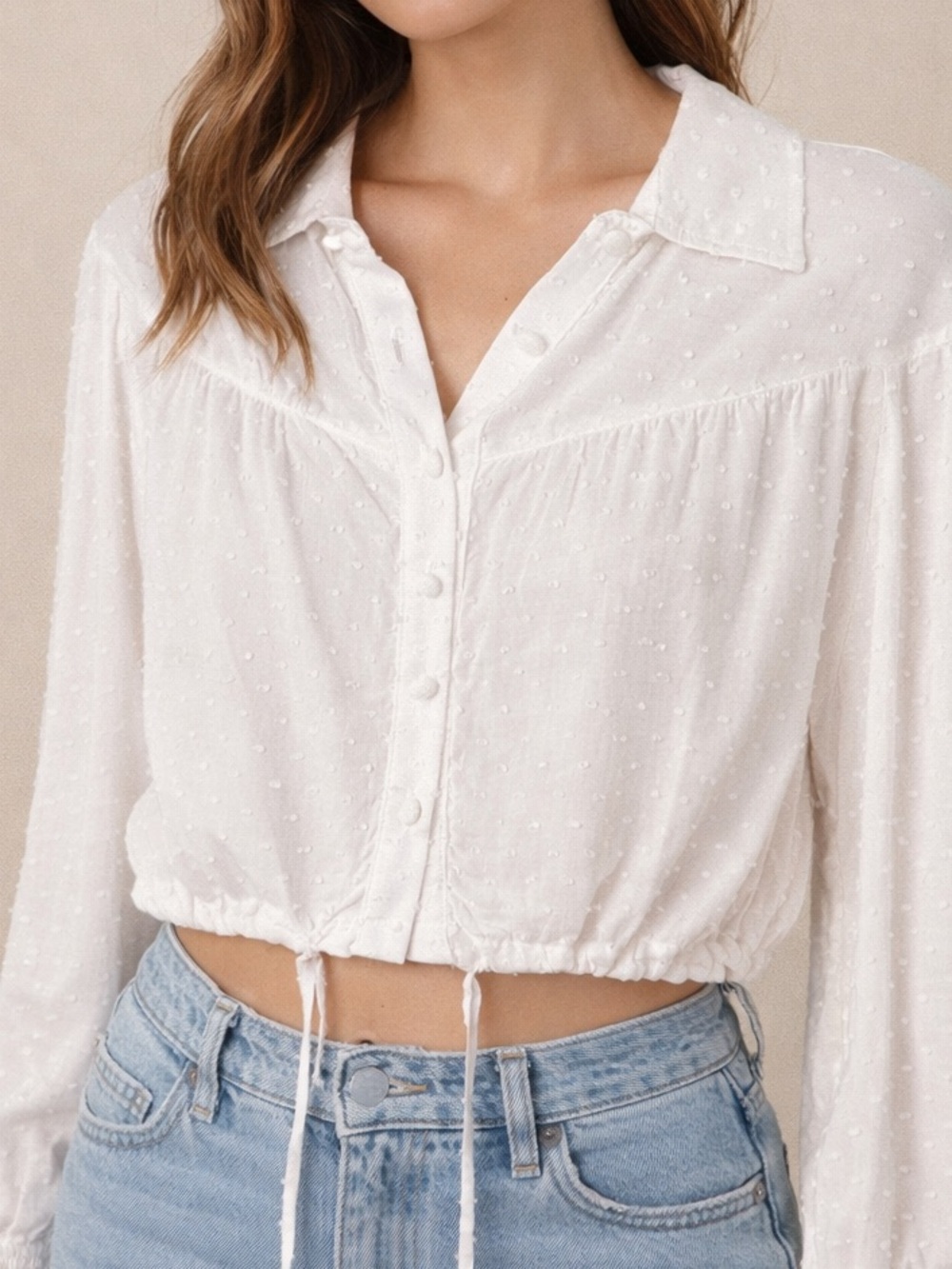 Flynn Skye White Swiss Dot Cropped Button-Front Blouse